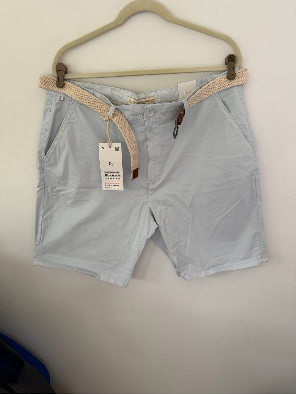 Denim & Flower Light Blue Men’s Flat Front Shorts with Woven Cream Belt